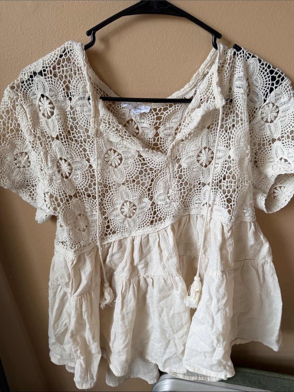 Boho Crochet Peasant Top - Cream
